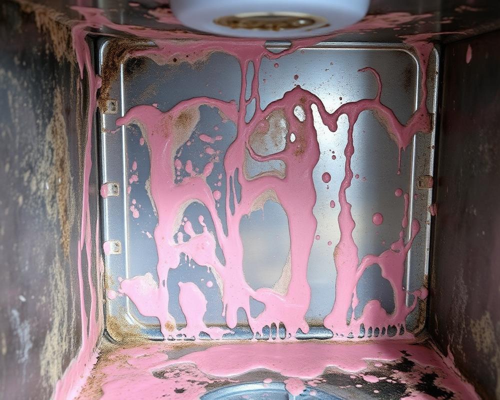 Commercial ice machine interior with pink slime and scale buildup before cleaning