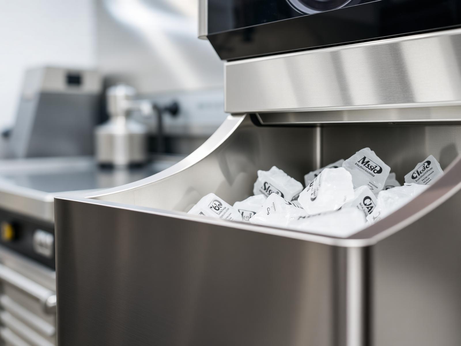Clean commercial ice machine dispensing fresh ice in a professional kitchen